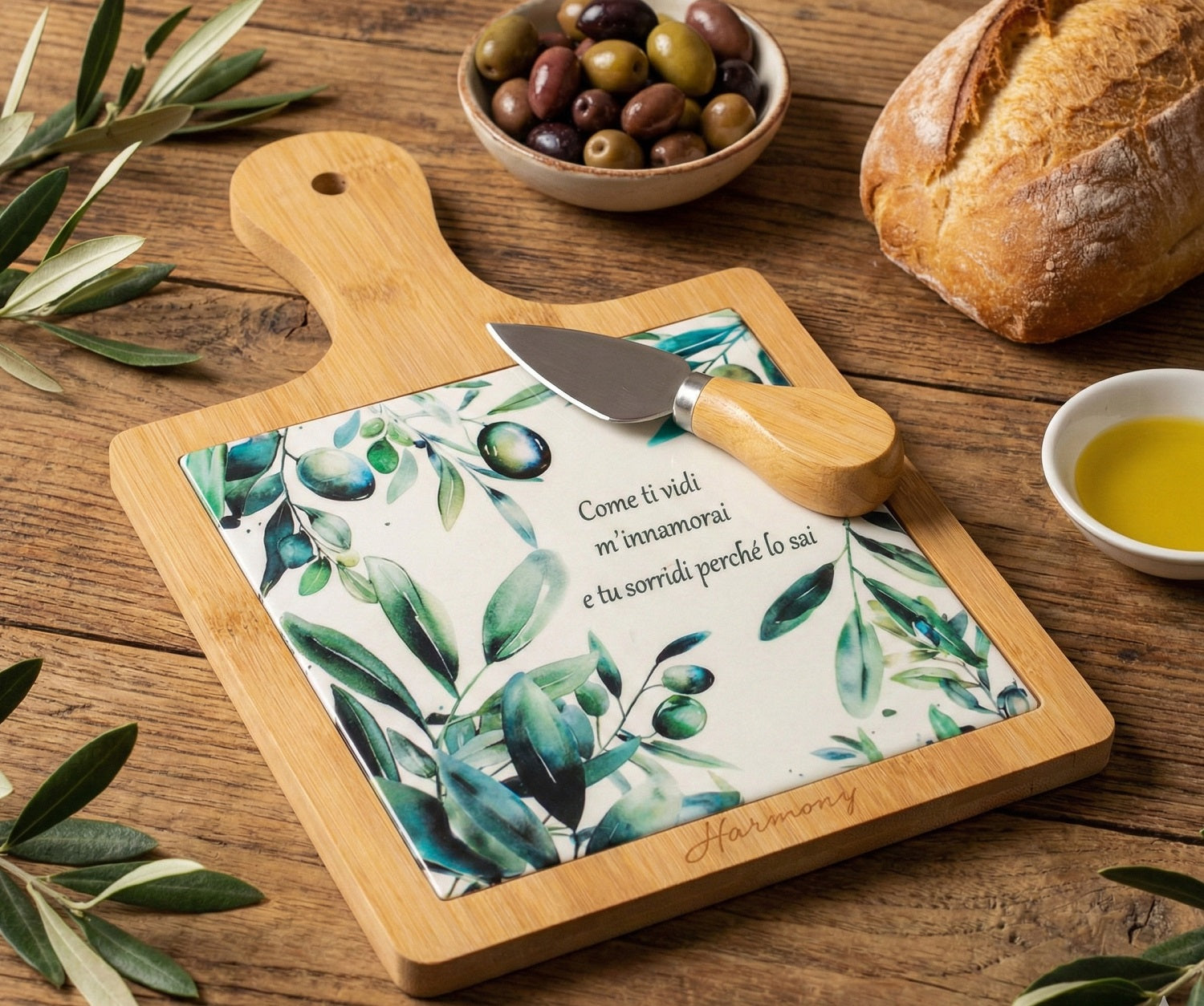 Tagliere in porcellana e legno con coltellino bomboniera per matrimonio Harmony PRMT25075