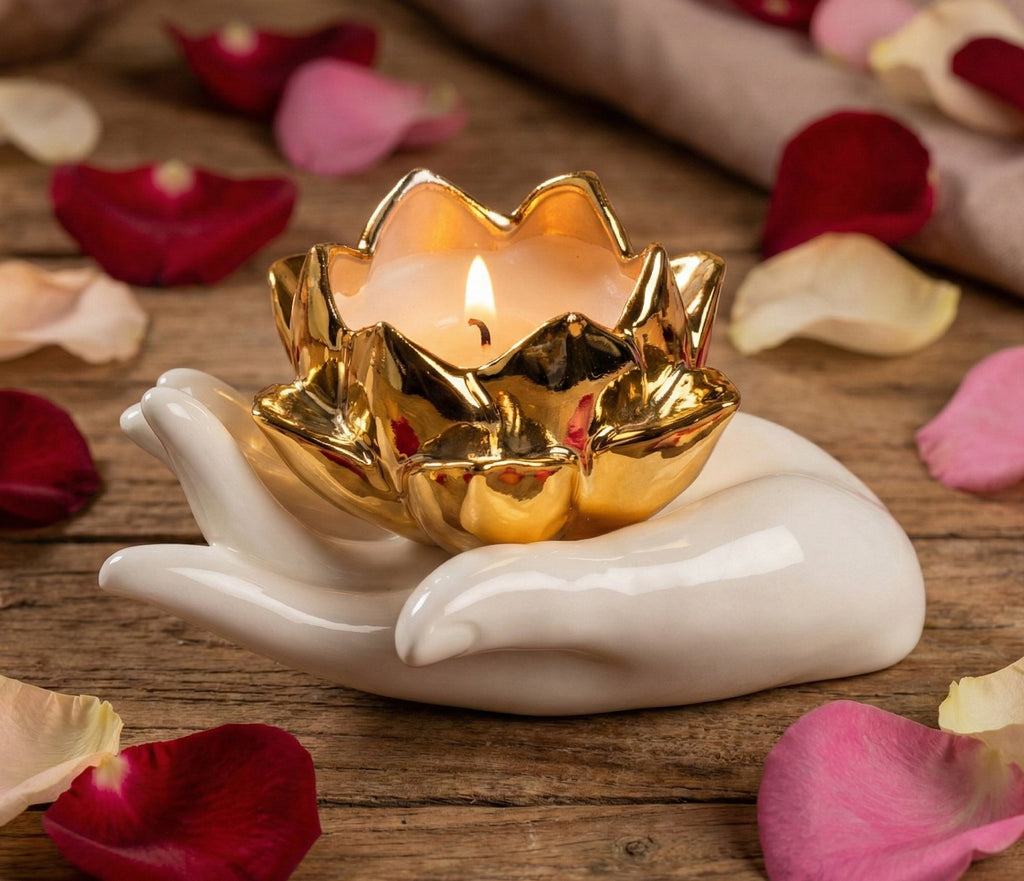 Mano con fiore porta candela in porcellana bomboniera per comunione, cresima, matrimonio Harmony PRMT25102