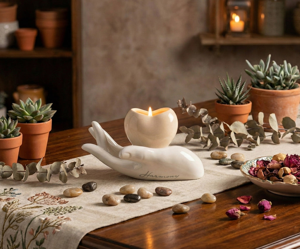 Mano con cuore porta candela in porcellana bomboniera per cresima, comunione, matrimonio, Harmony PRMT25107