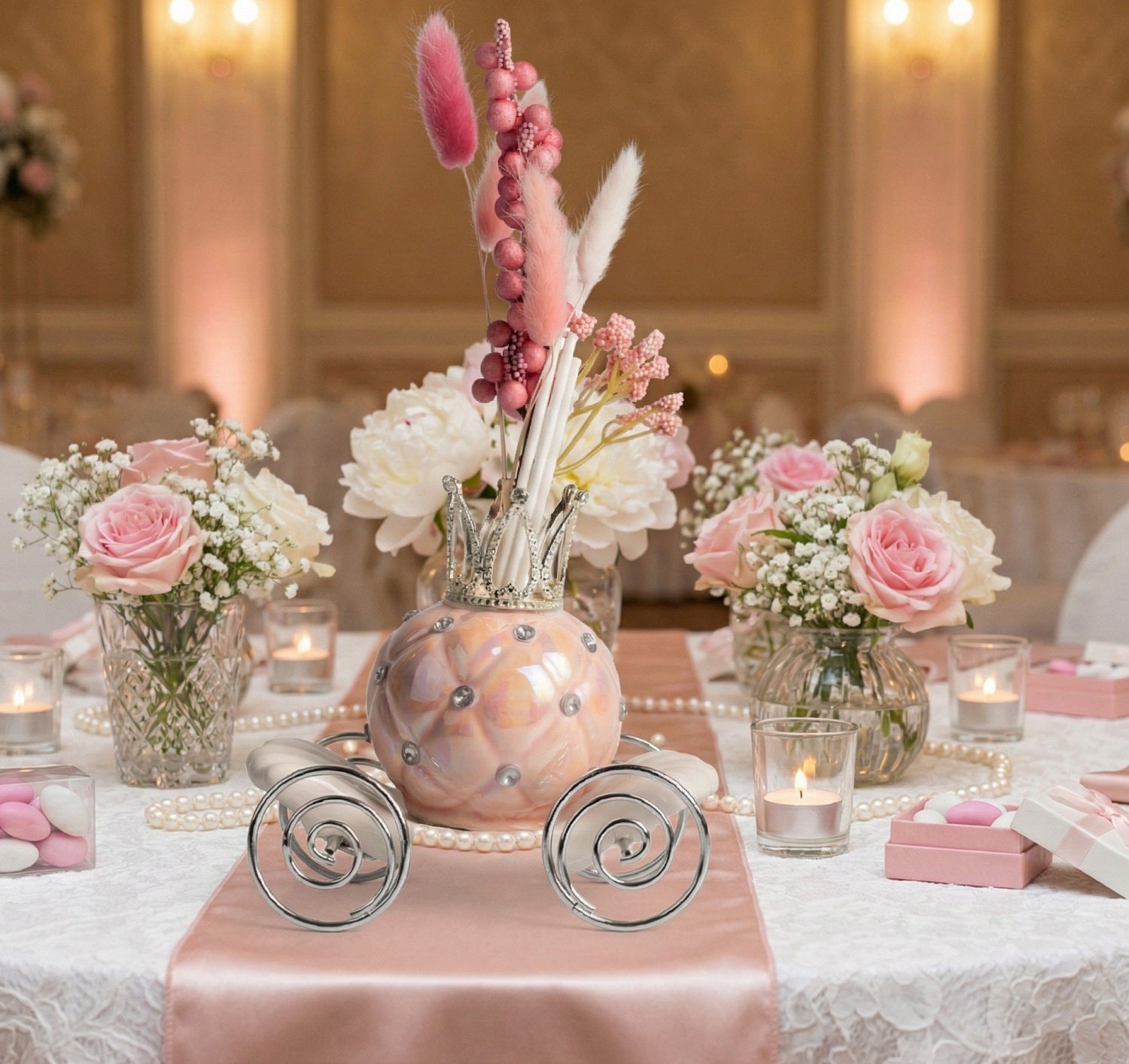 Profumatore carrozza perlata con strass corona e ruote argento bomboniera per matrimonio, cresima, comunione Harmony PRMT25213