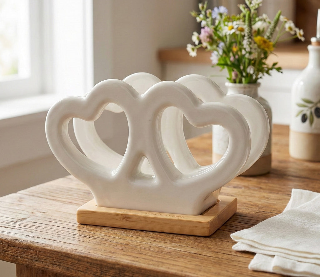 Porta tovaglioli con cuori traforati in porcellana e base in bambù bomboniera per matrimonio, regalo Harmony PRMT25221