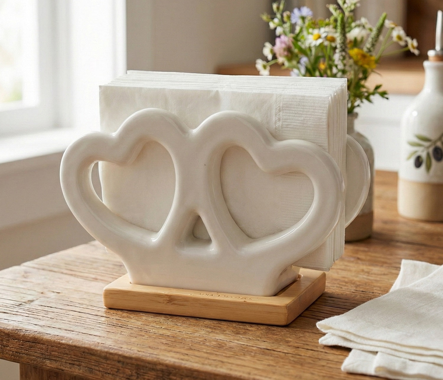 Porta tovaglioli con cuori traforati in porcellana e base in bambù bomboniera per matrimonio, regalo Harmony PRMT25221