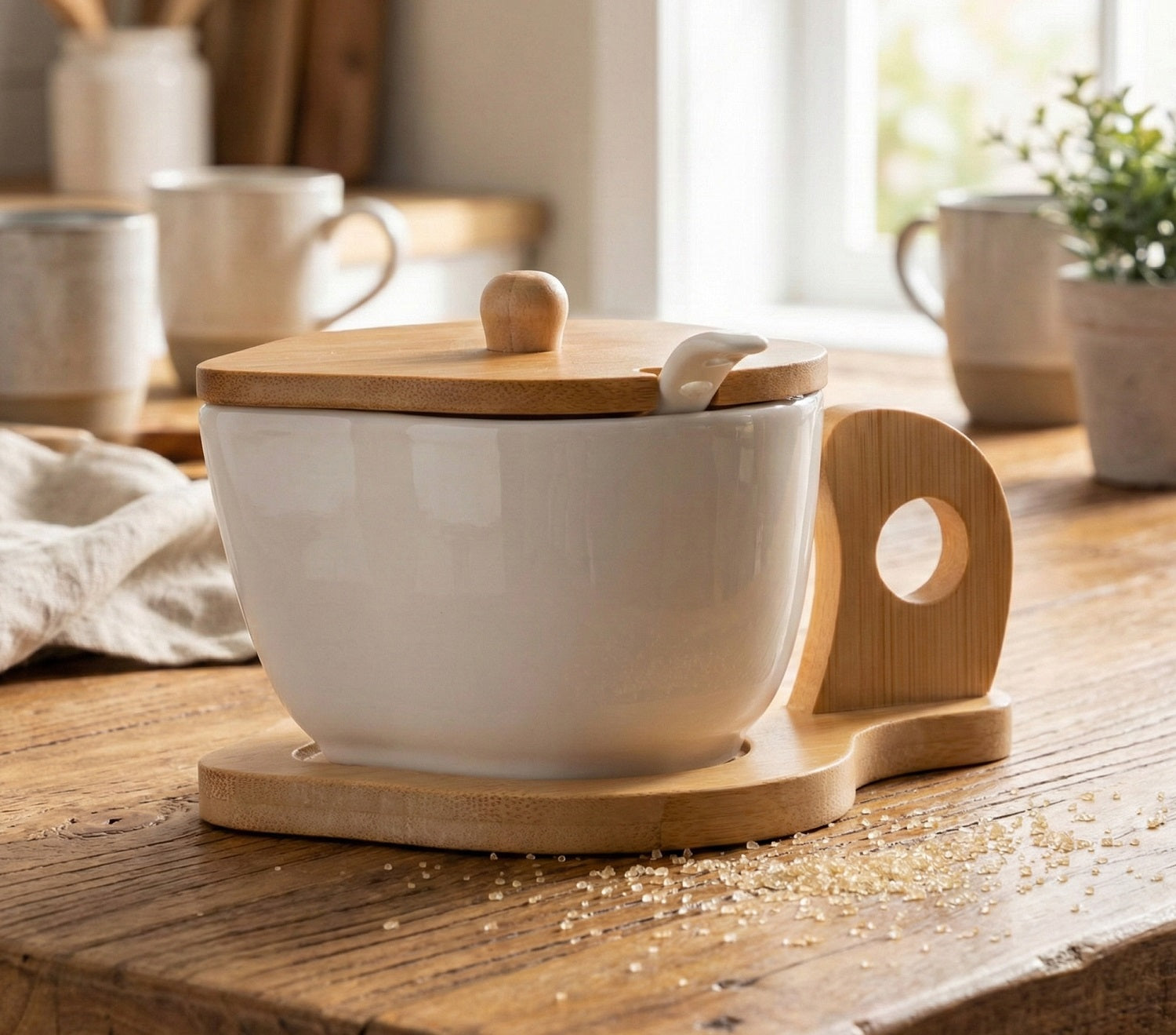 Zuccheriera con cucchiaino in porcellana e bambù bomboniera per matrimonio, regalo Harmony PRMT25224