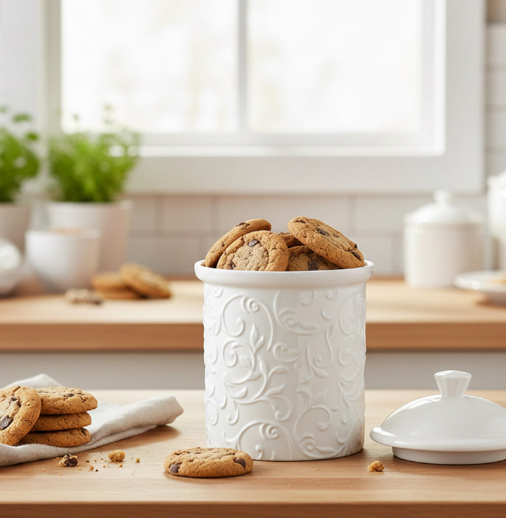 Barattolo porta biscotti in porcellana bianca bomboniera per matrimonio, ricorrenze, Harmony PRMT26123