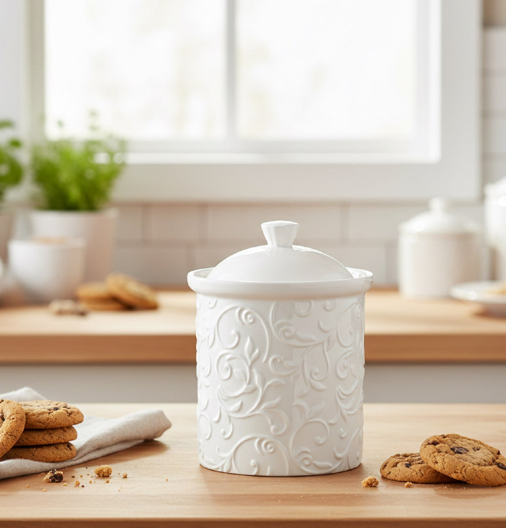 Barattolo porta biscotti in porcellana bianca bomboniera per matrimonio, ricorrenze, Harmony PRMT26123