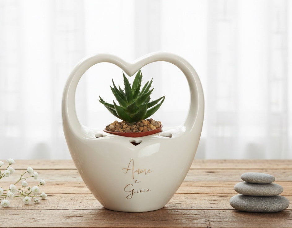 Porta piantina con manico a cuore bomboniera per matrimonio, ricorrenze, Harmony PRMT26164