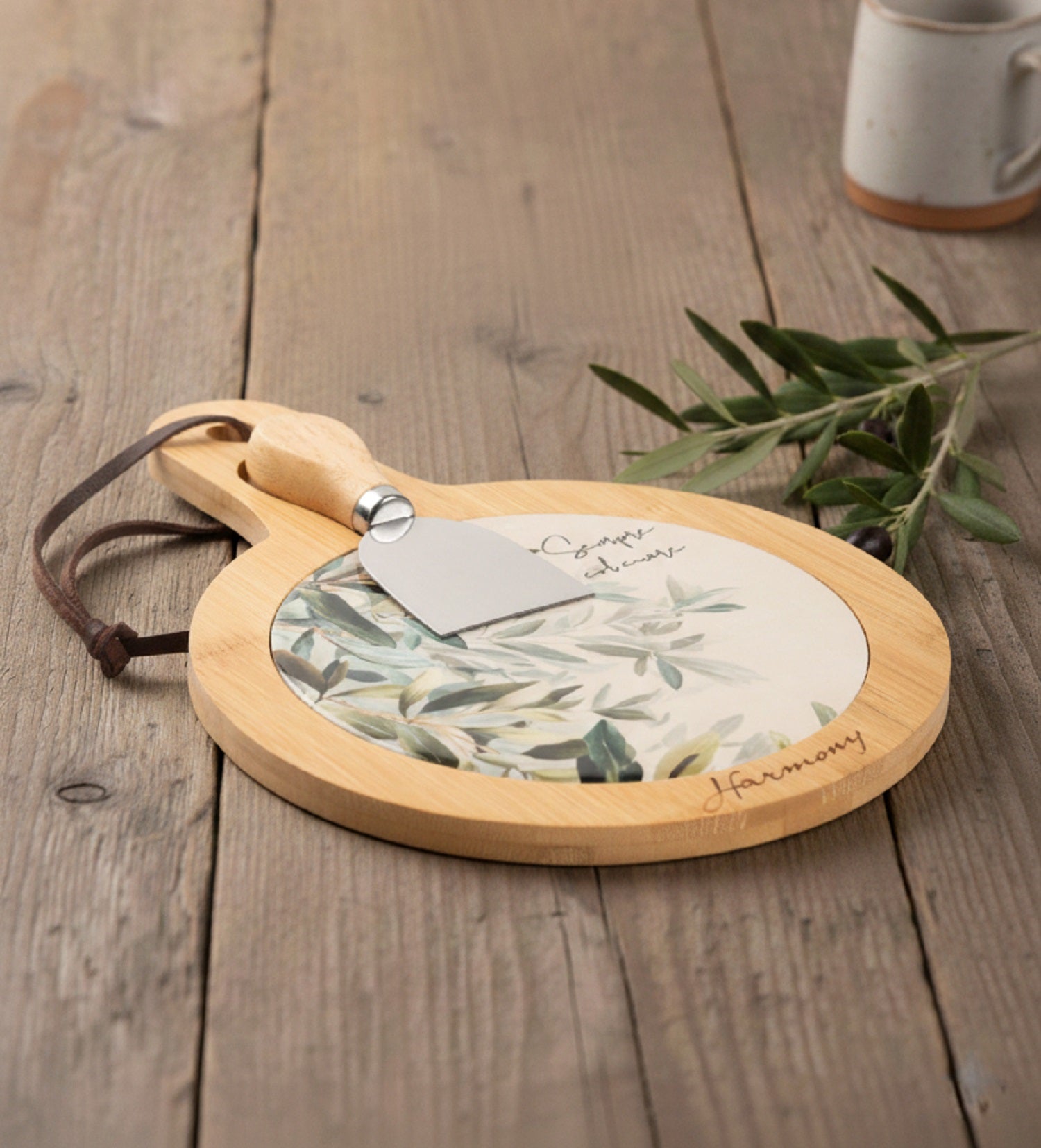 Tagliere tondo in legno e porcellana con decorazione bomboniera per matrimonio, ricorrenze, Harmony PRMT26195