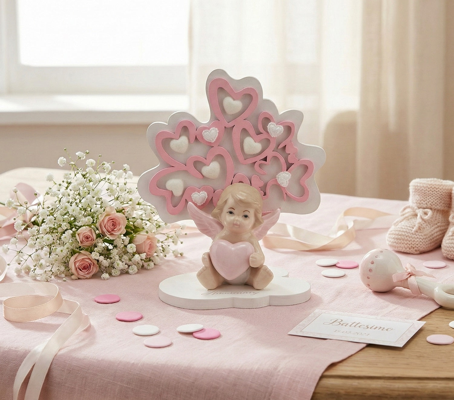 Albero della vita decorato con cuori e angioletto bomboniera battesimo e nascita bambina Harmony PRNB24191