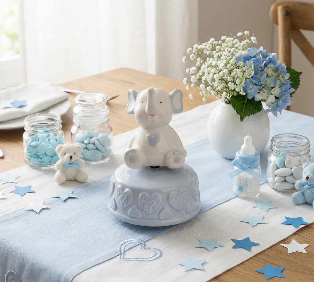 Carillon Elefante Decorativo in Porcellana bomboniera Battesimo e Nascita Bambino Harmony PRNB25060