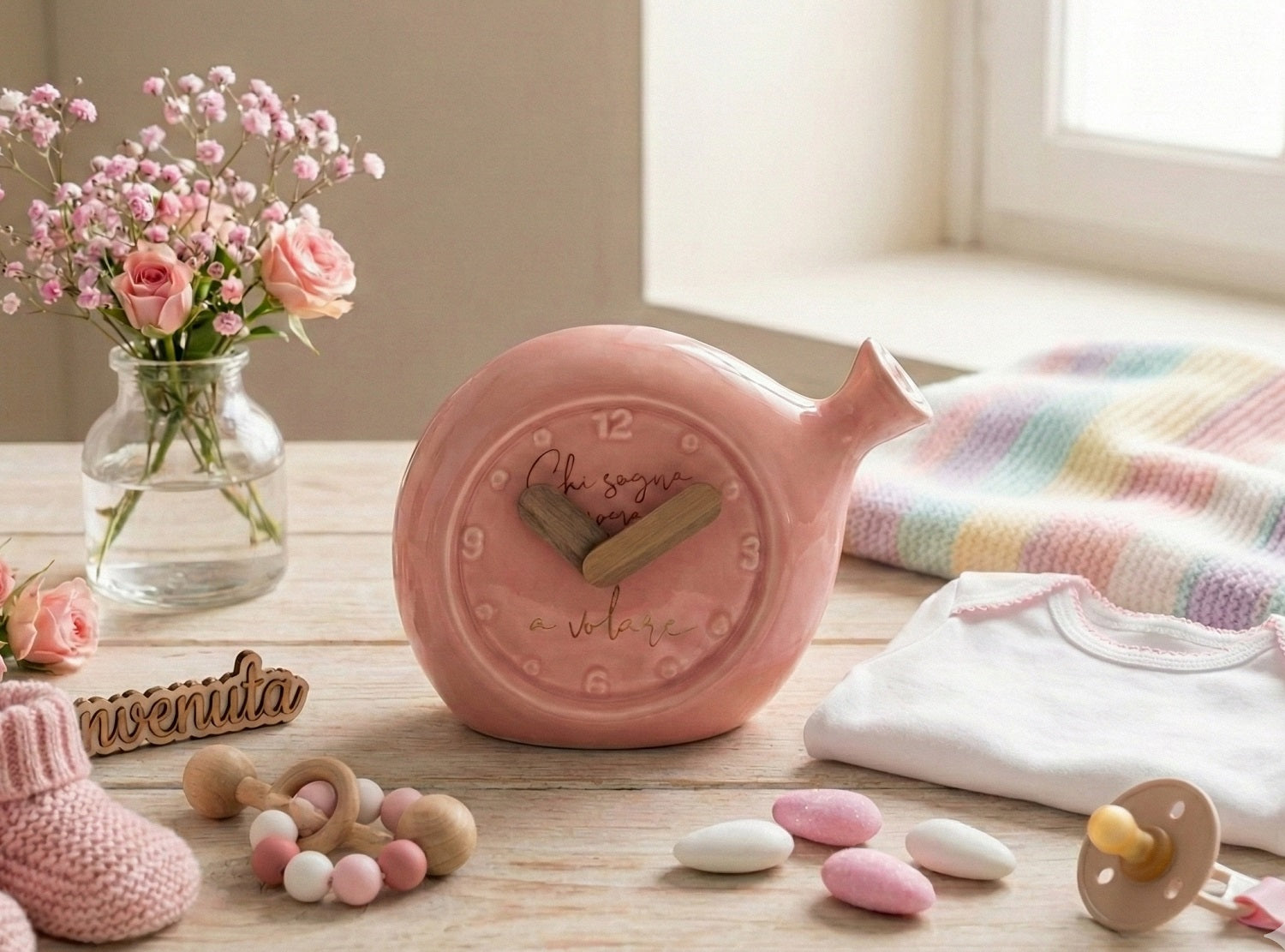 Orologio palloncino rosa in porcellana bomboniera per nascita, battesimo, Harmony PRNB26141