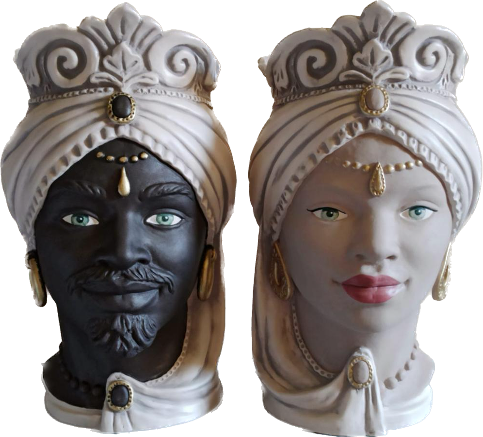 ILAB Pair of Moorish Heads Queen and King in Sicilian Ceramic Hand Decorated Blue and Gold Modern gic h25cm 