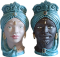 ILAB Pair of Moorish Heads Queen and King in Sicilian Ceramic Hand Decorated Blue and Gold Modern gic h25cm 