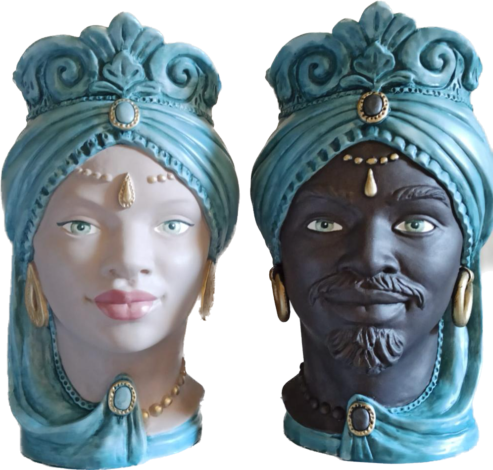 ILAB Pair of Moorish Heads Queen and King in Sicilian Ceramic Hand Decorated Blue and Gold Modern gic h25cm 