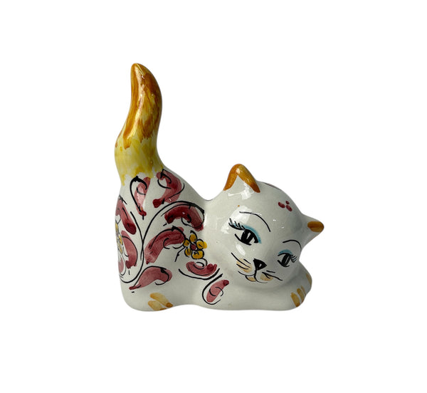 Gatto in ceramica di Caltagione realizzato a mano, animali portafortuna (ROSA)