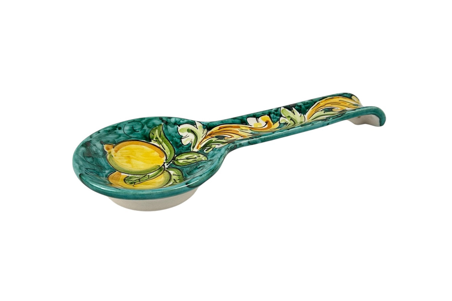 Poggiamestolo in Ceramica Siciliana di Caltagirone Decorato a Mano Artigianalmente Limoni Turchese
