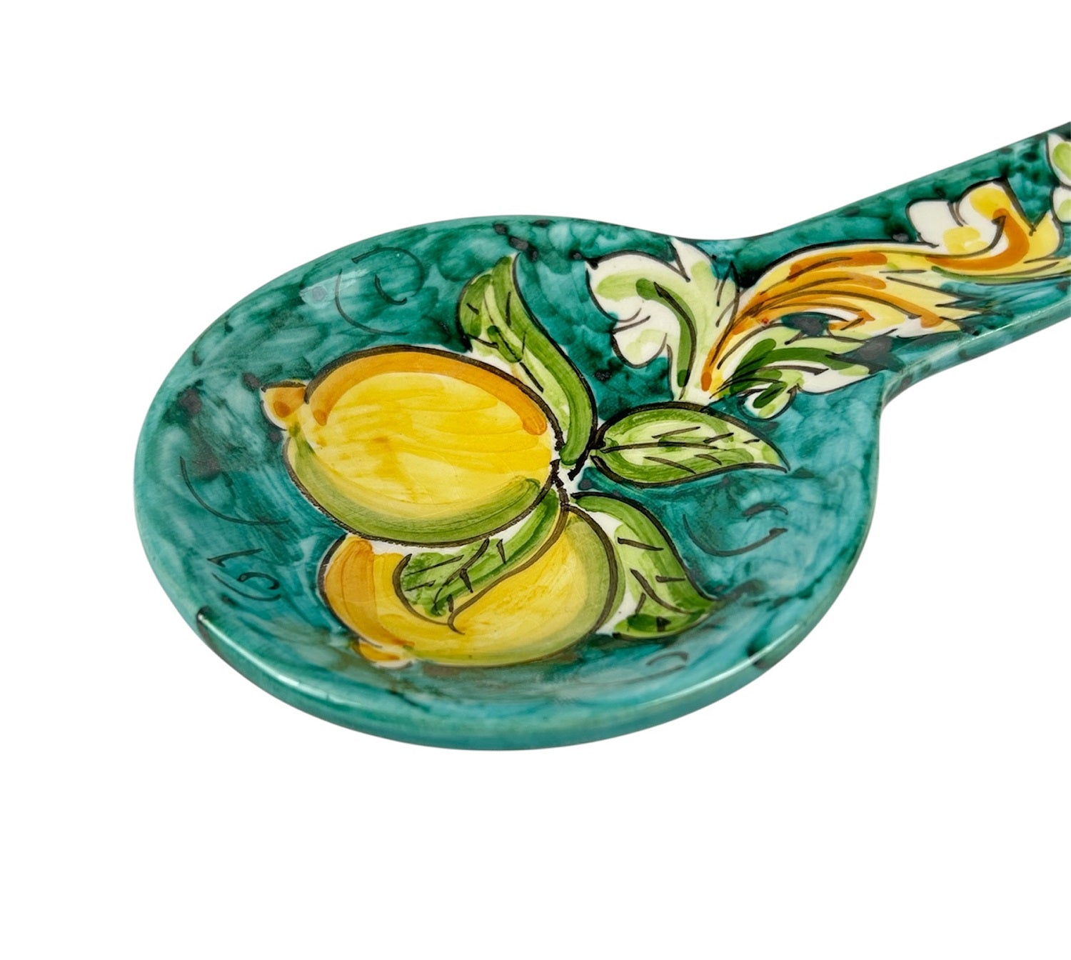 Poggiamestolo in Ceramica Siciliana di Caltagirone Decorato a Mano Artigianalmente Limoni Turchese