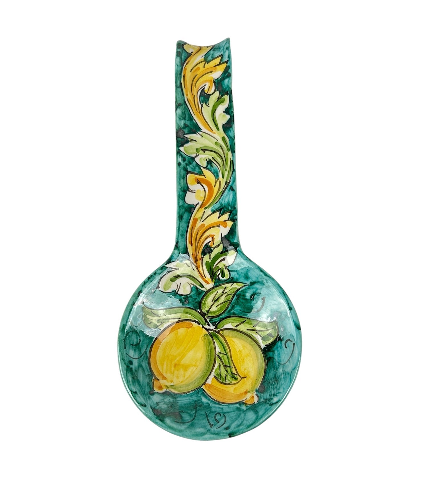 Poggiamestolo in Ceramica Siciliana di Caltagirone Decorato a Mano Artigianalmente Limoni Turchese