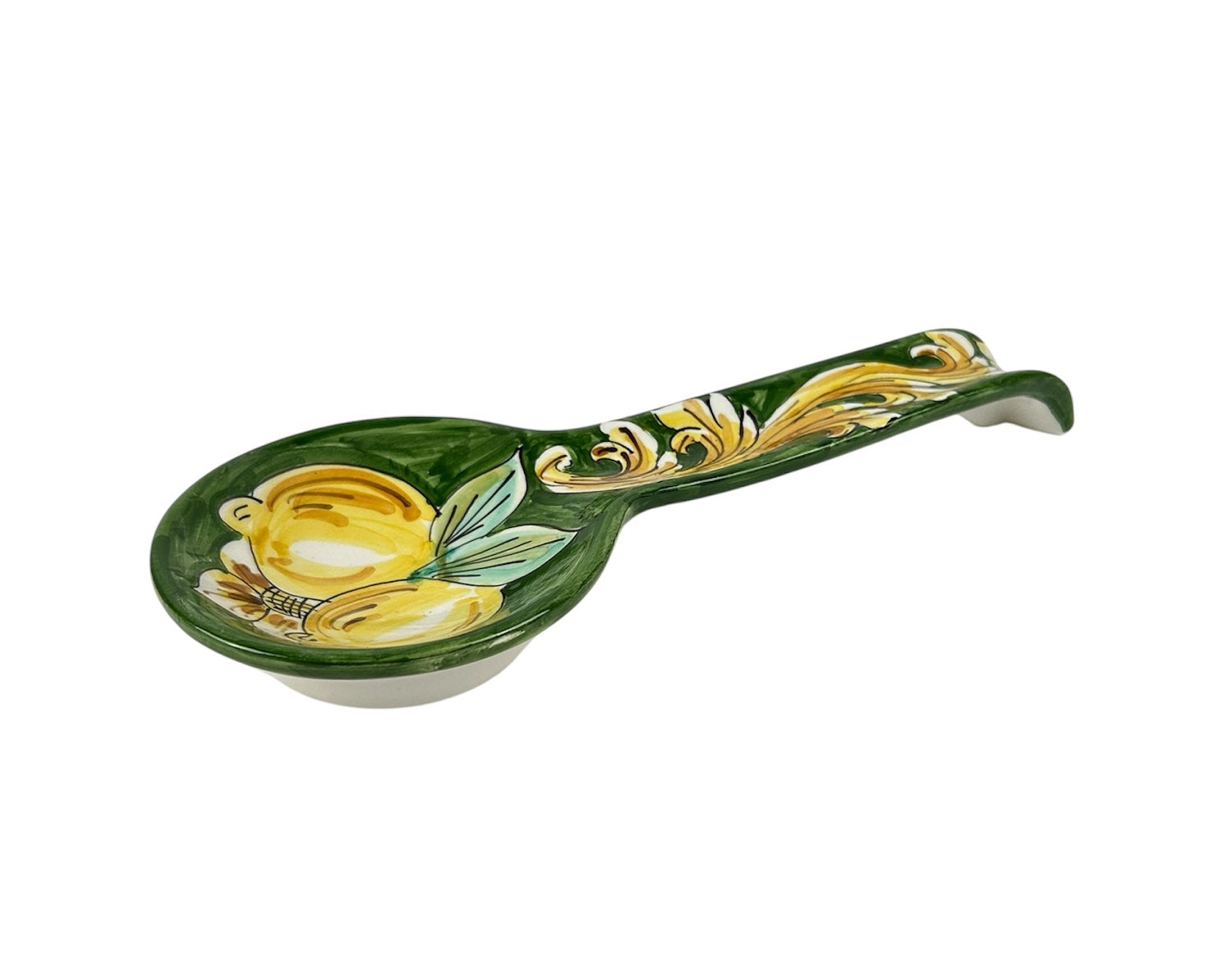 Poggiamestolo in Ceramica Siciliana di Caltagirone Decorato a Mano Artigianalmente Limoni Verde