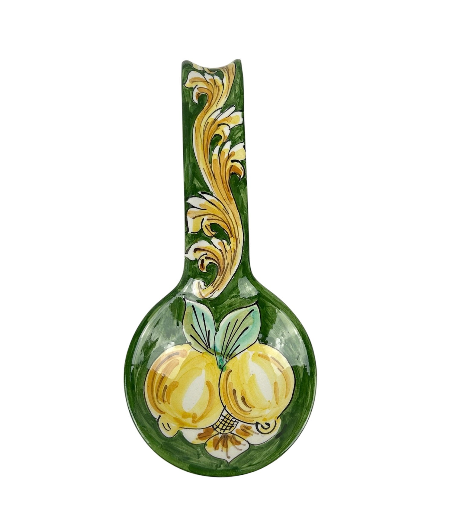 Poggiamestolo in Ceramica Siciliana di Caltagirone Decorato a Mano Artigianalmente Limoni Verde