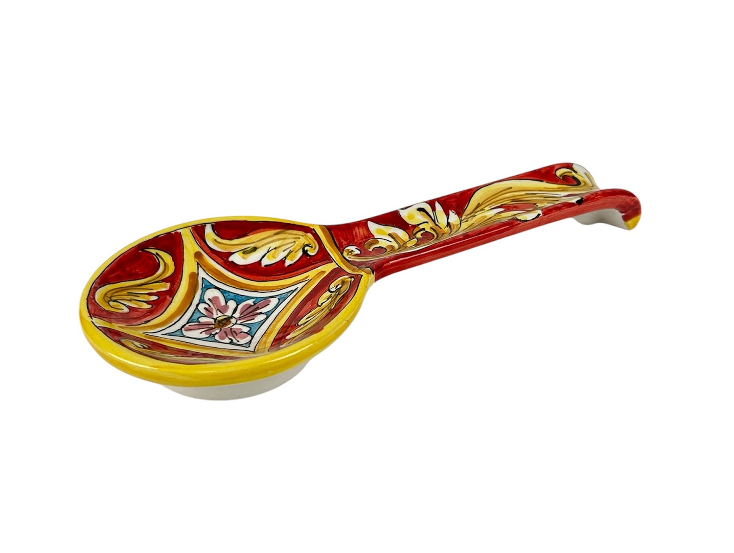 Poggiamestolo in Ceramica Siciliana di Caltagirone Decorato a Mano Artigianalmente Rombo Rosso