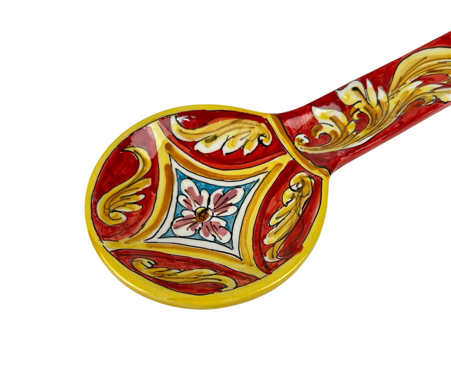 Poggiamestolo in Ceramica Siciliana di Caltagirone Decorato a Mano Artigianalmente Rombo Rosso