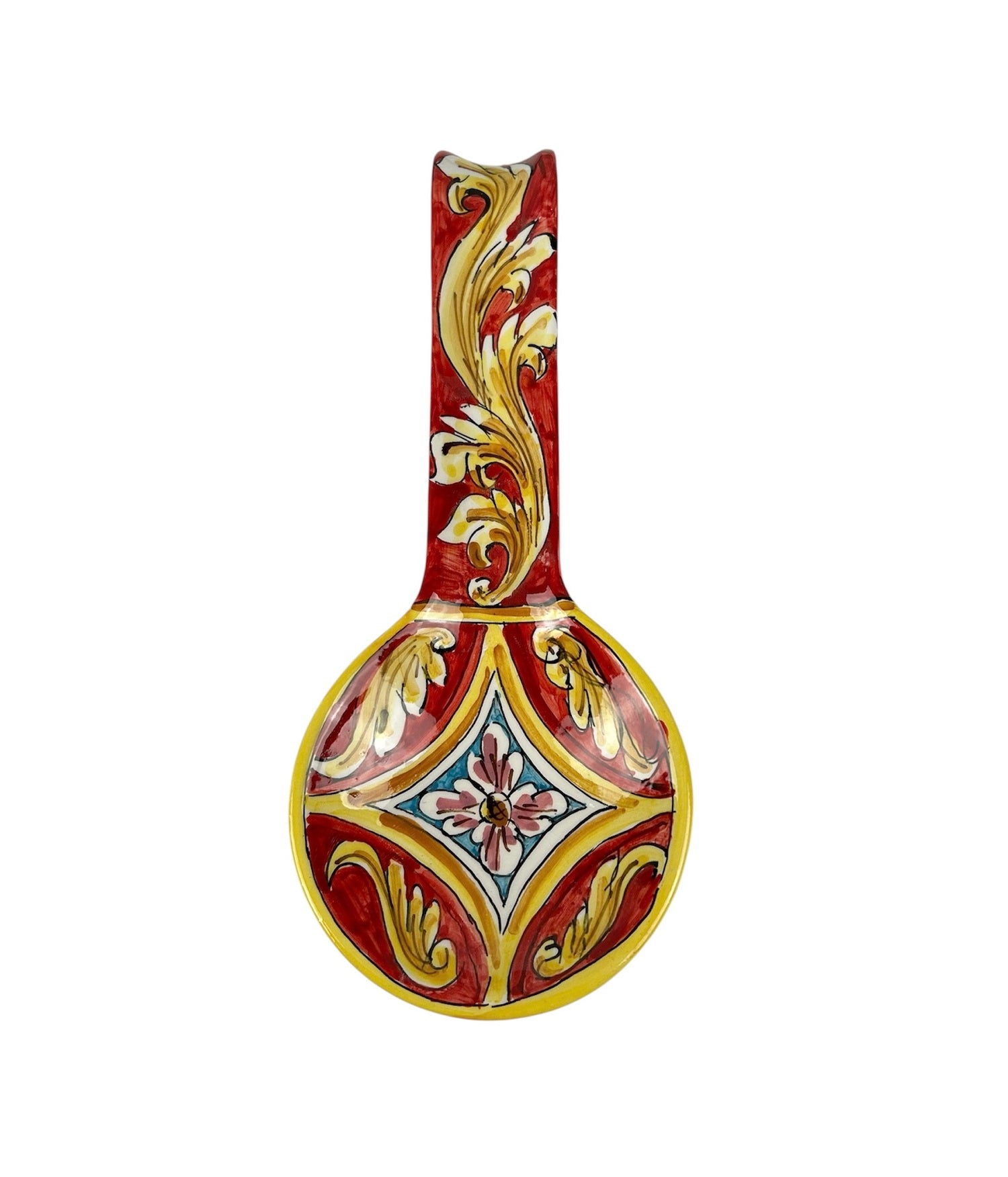Poggiamestolo in Ceramica Siciliana di Caltagirone Decorato a Mano Artigianalmente Rombo Rosso