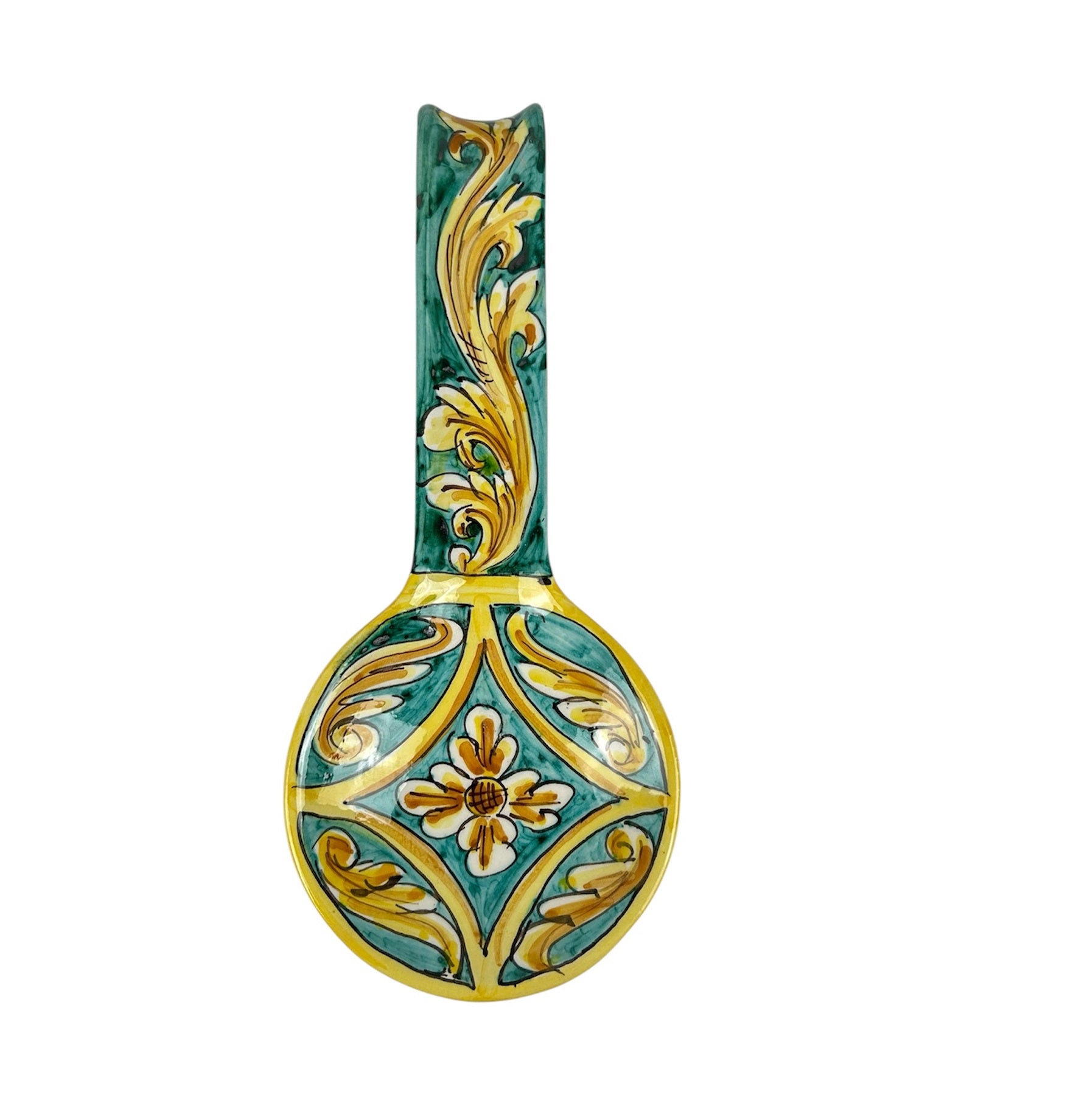 Poggiamestolo in Ceramica Siciliana di Caltagirone Decorato a Mano Artigianalmente Rombo Verde