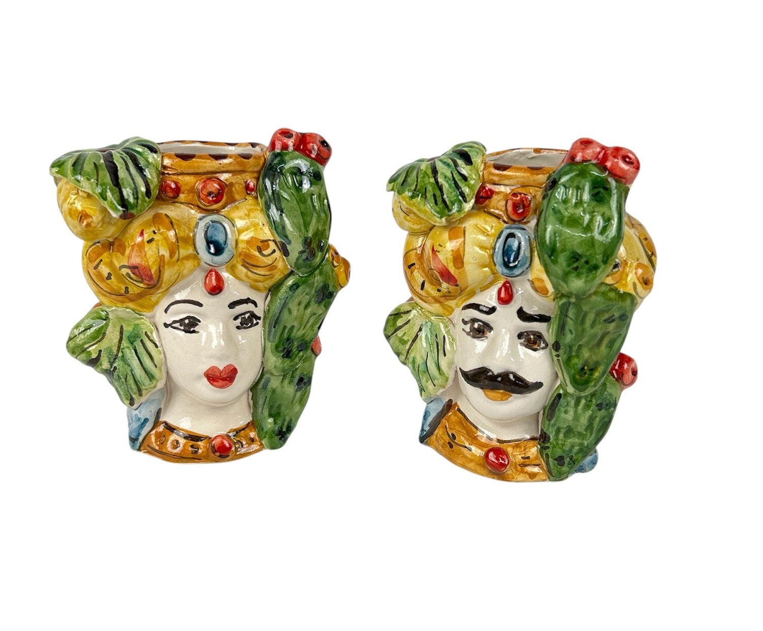 Coppia Teste di Moro in Ceramica Siciliana di Caltagirone Stile Tradizionale Ficodindia