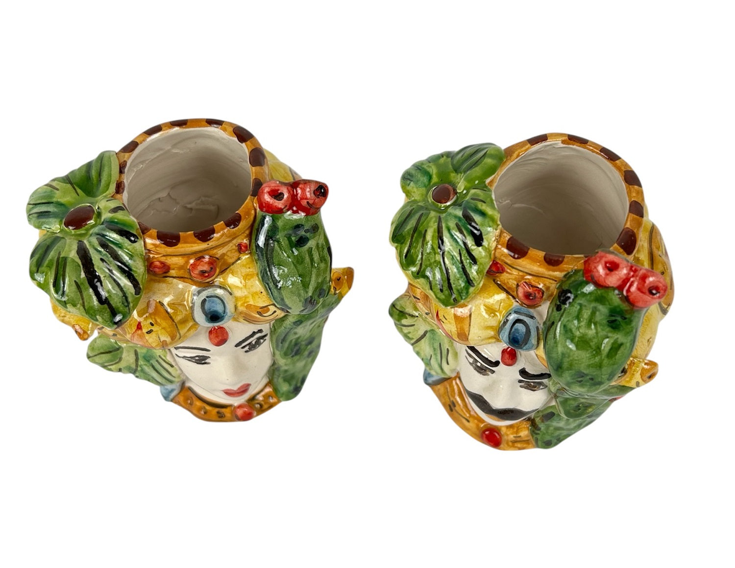 Coppia Teste di Moro in Ceramica Siciliana di Caltagirone Stile Tradizionale Ficodindia