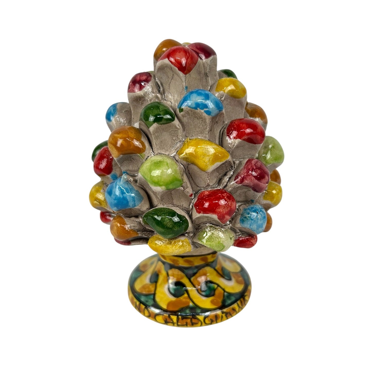Pigna Decorativa in Ceramica Siciliana di Caltagirone, Dipinta a Mano, Multicolore con Base Decorata