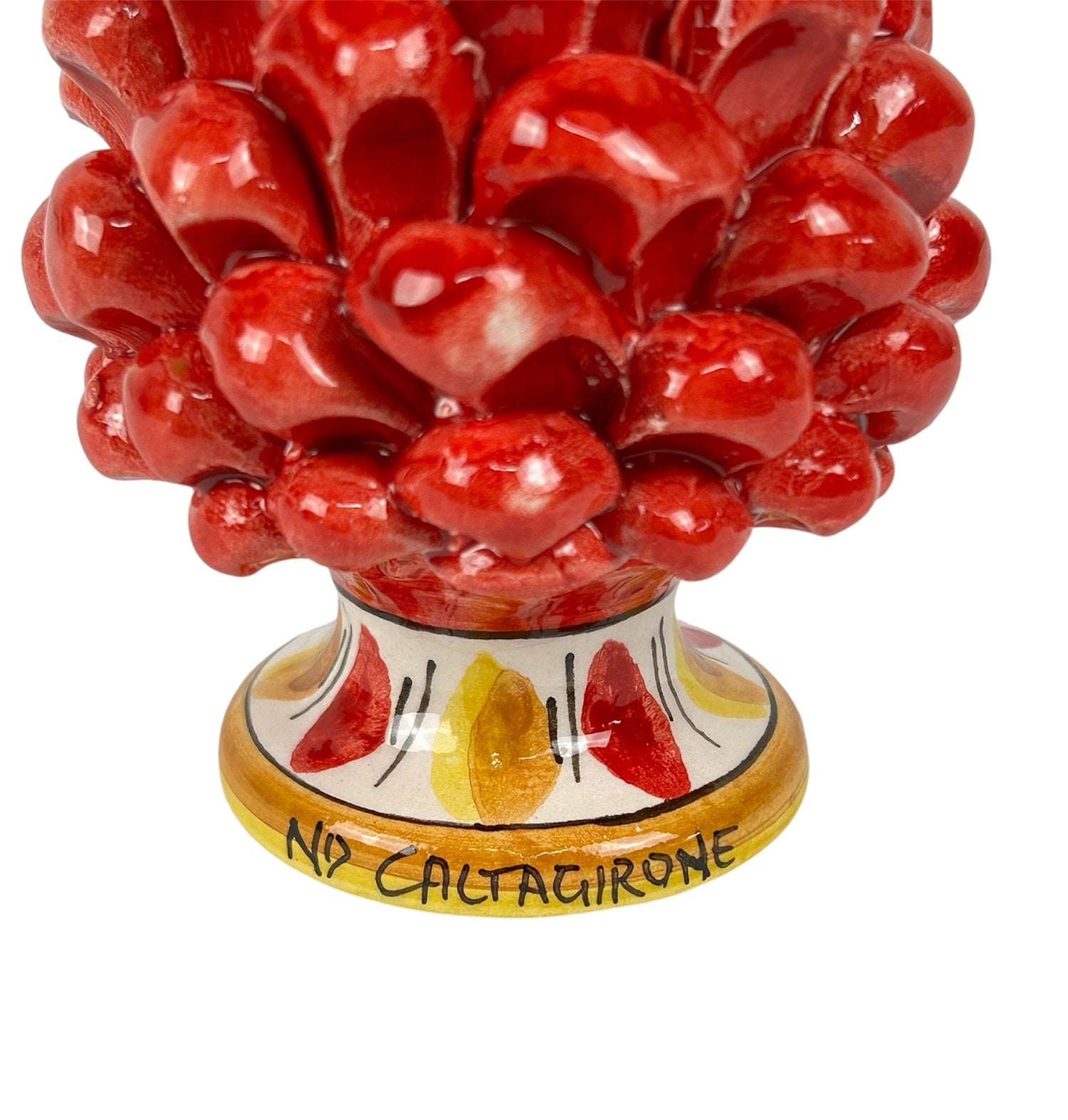 Pigna Decorativa in Ceramica Siciliana di Caltagirone, Dipinta a Mano, Rossa con Base Decorata