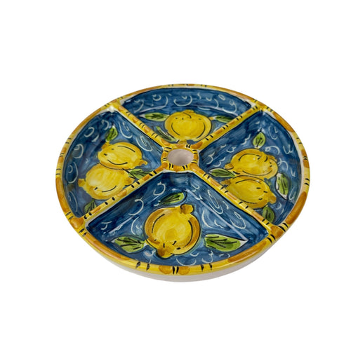 Antipastiera tonda in ceramica siciliana di Caltagirone decorata a mano limoni