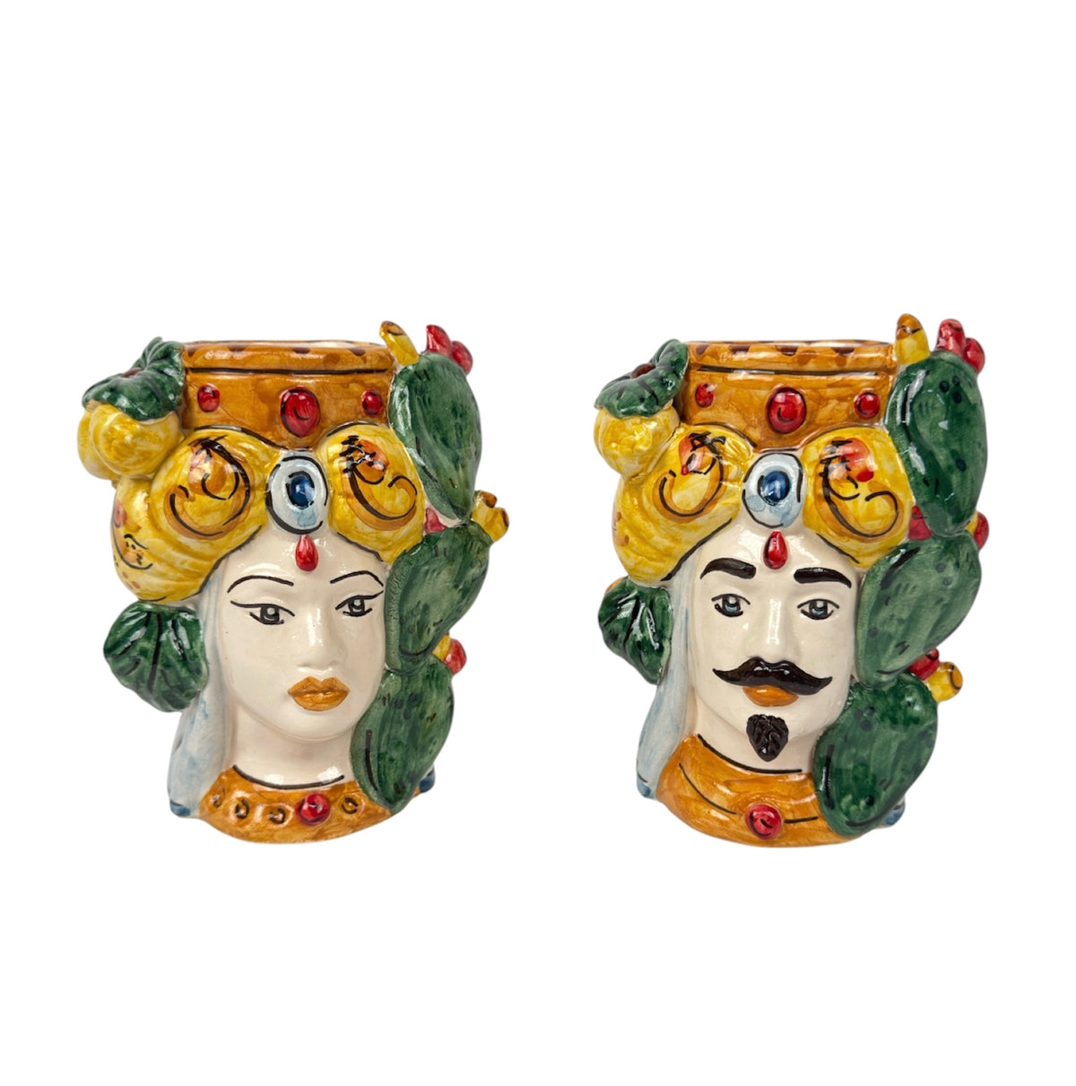 Pair of Sicilian Ceramic Moor's Heads from Caltagirone H 15 Prickly Pear Lemon