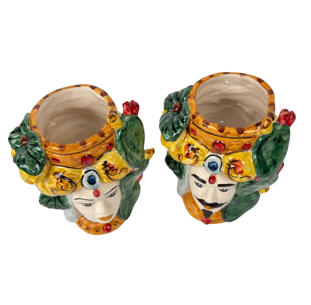 Pair of Sicilian Ceramic Moor's Heads from Caltagirone H 15 Prickly Pear Lemon