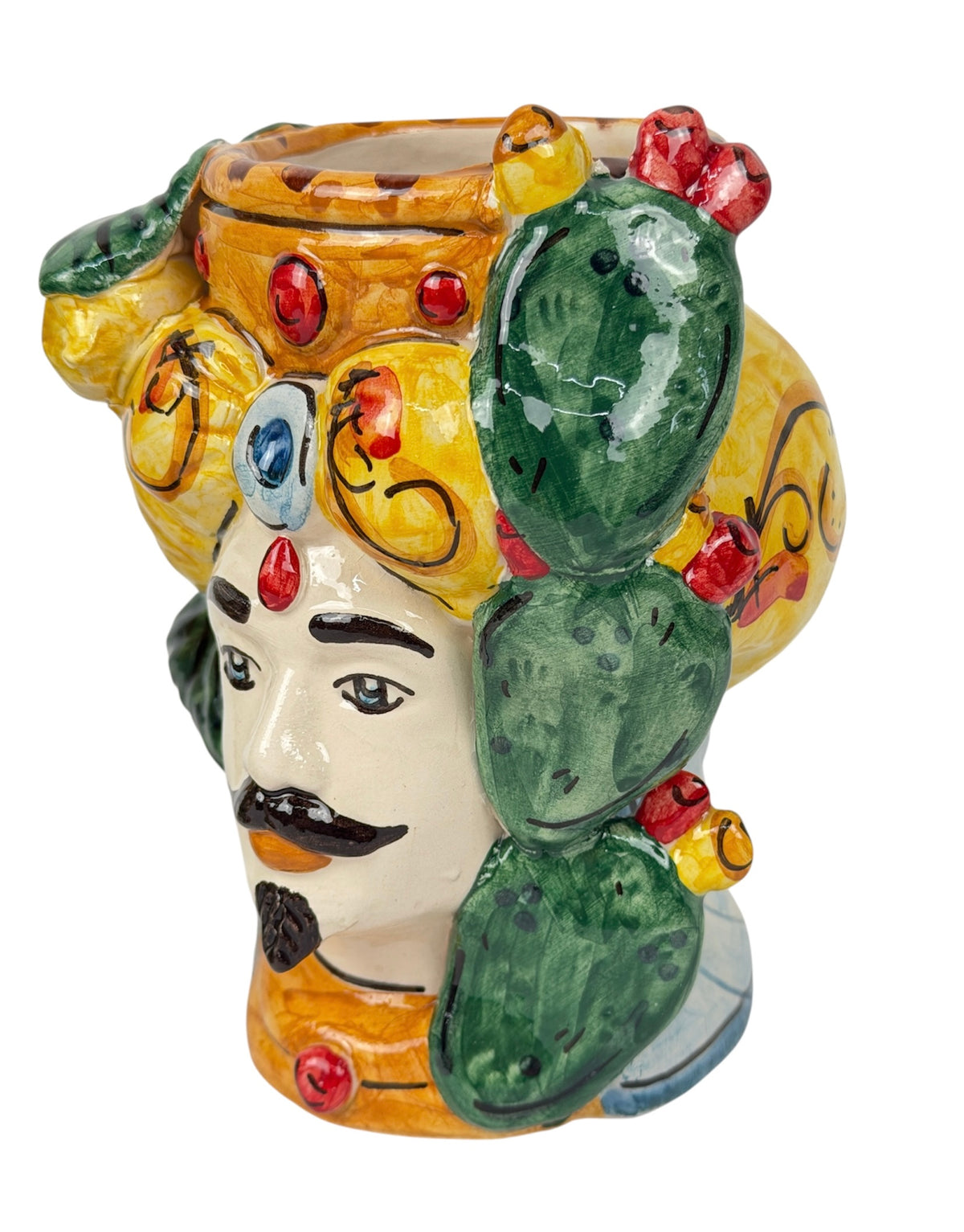 Pair of Sicilian Ceramic Moor's Heads from Caltagirone H 15 Prickly Pear Lemon