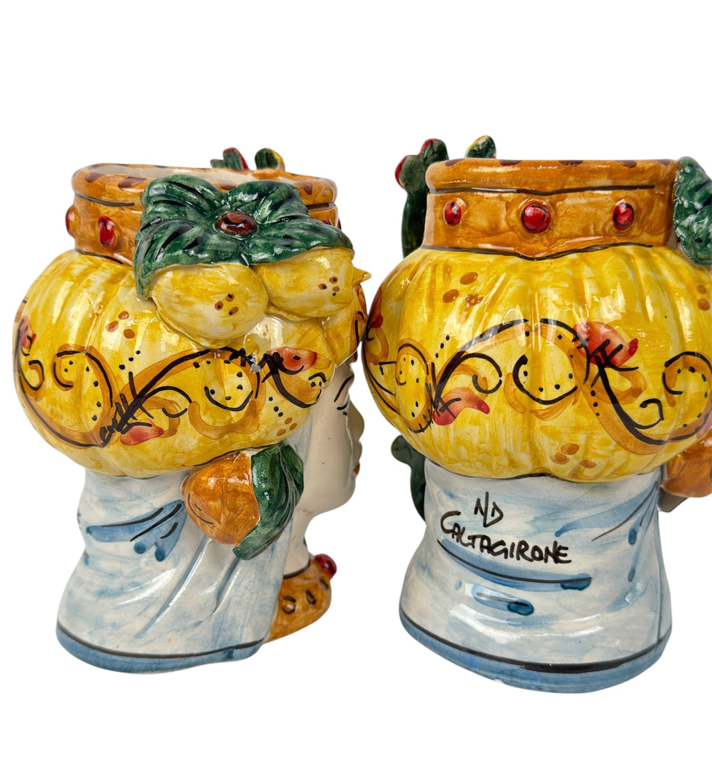 Pair of Sicilian Ceramic Moor's Heads from Caltagirone H 15 Prickly Pear Lemon