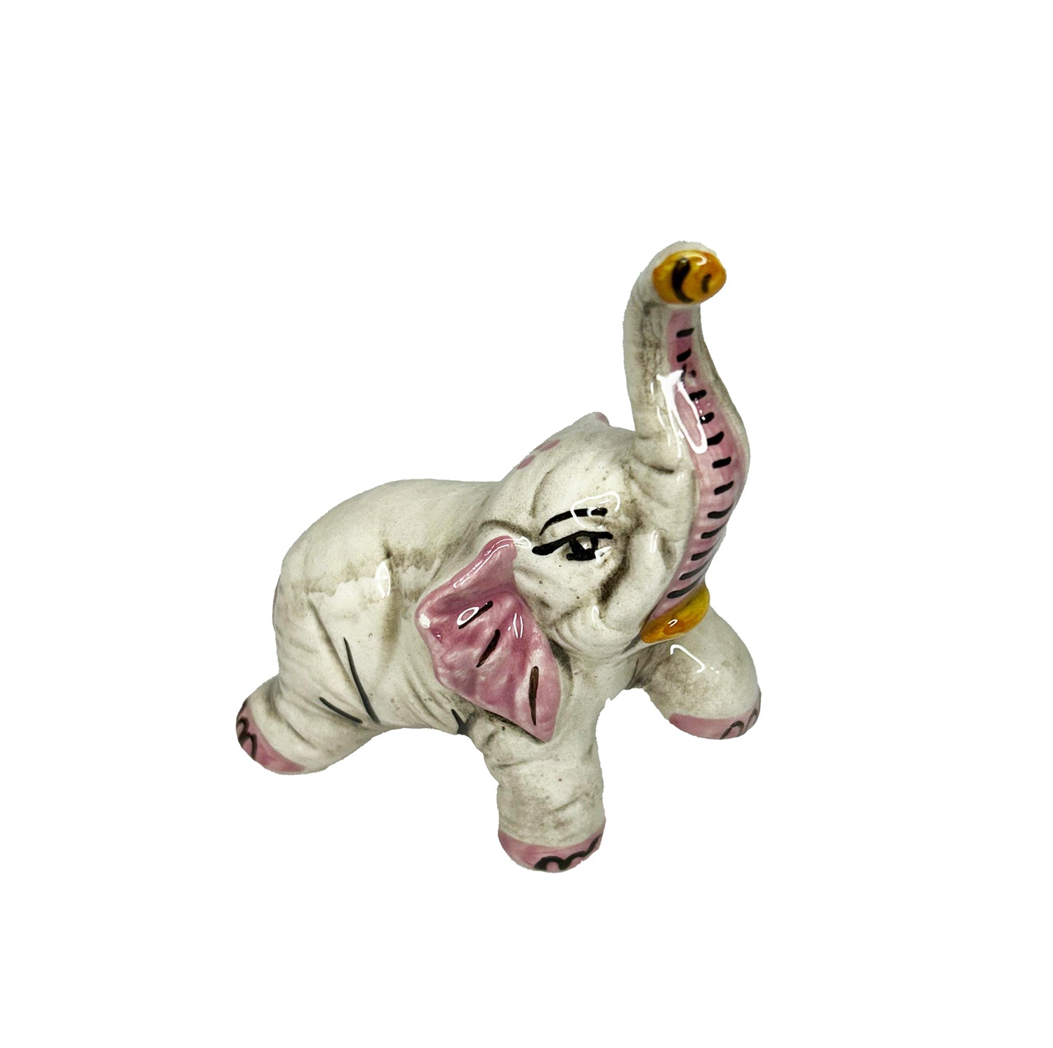 Elefante in ceramica di Caltagione realizzato a mano, animali portafortuna art. piede su rosa