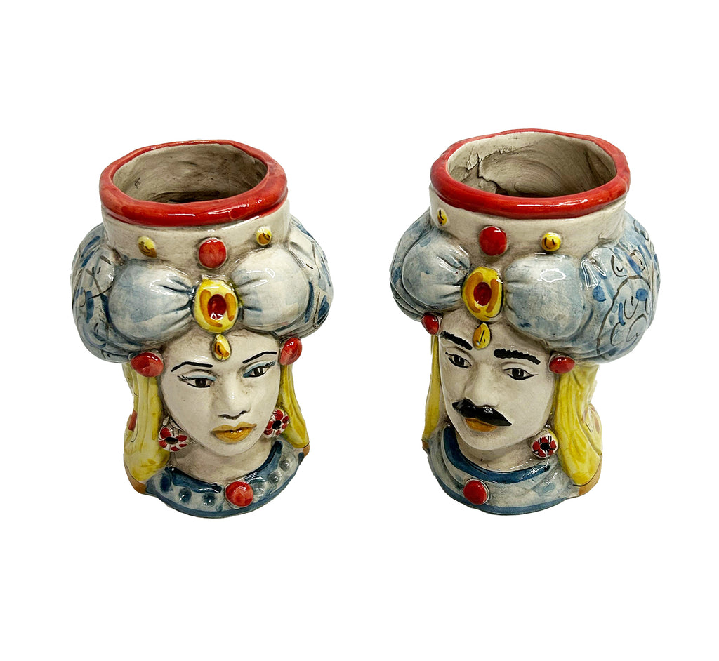 Coppia teste di moro in ceramica siciliana di Caltagirone H 15 cm art. rotondo rosso