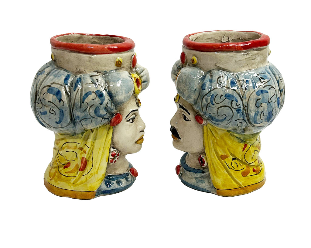 Coppia teste di moro in ceramica siciliana di Caltagirone H 15 cm art. rotondo rosso