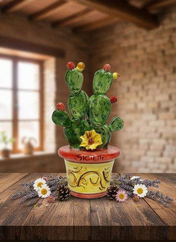 Piantina vaso ficodindia decorativo in ceramica di Caltagione realizzato a mano (ROSSO)