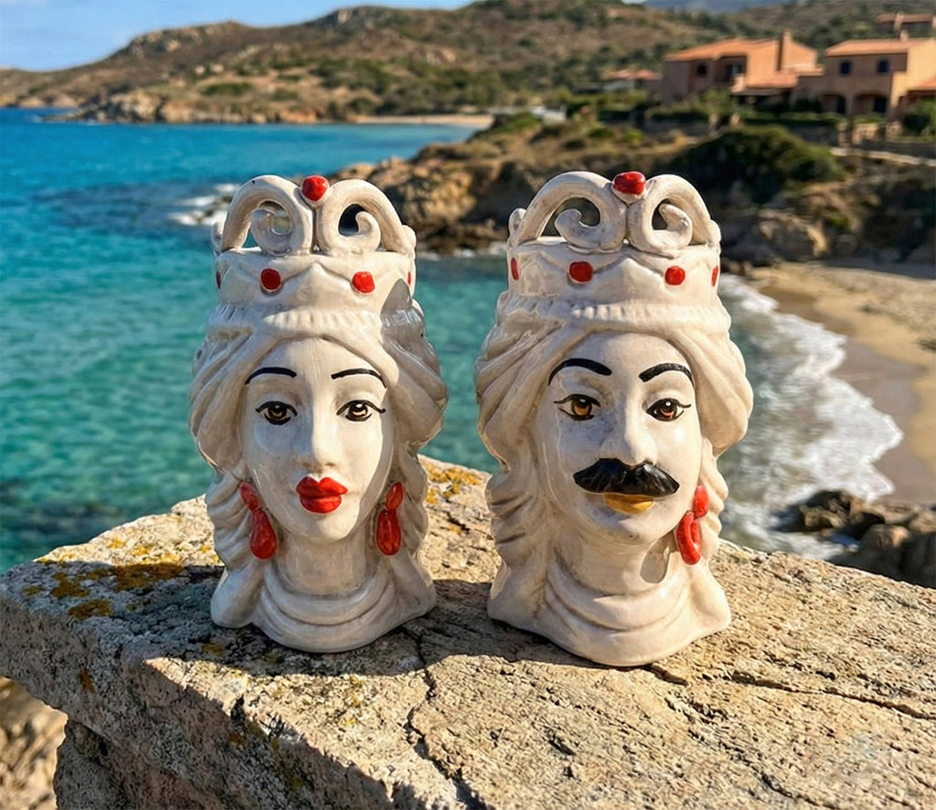 Coppia teste di moro in ceramica siciliana di Caltagirone h15cm art. rosso