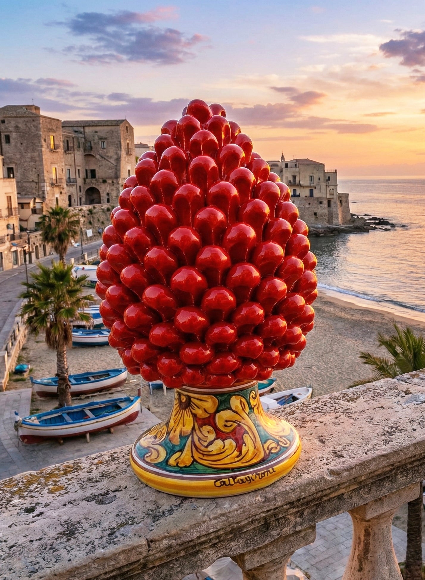 Pigna decorativa in ceramica di Caltagirone dipinta e decorata a mano rosso H 25 cm