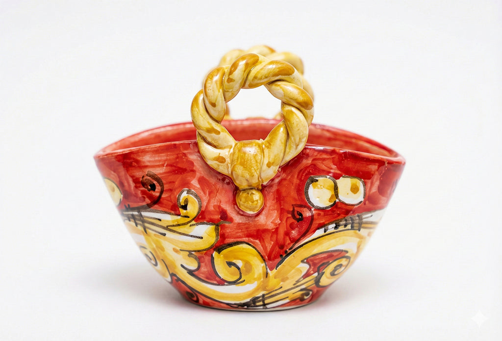 Sicilian basket in Sicilian ceramic from Caltagirone made and decorated by hand by the ceramists of Caltagirone h10cm red 