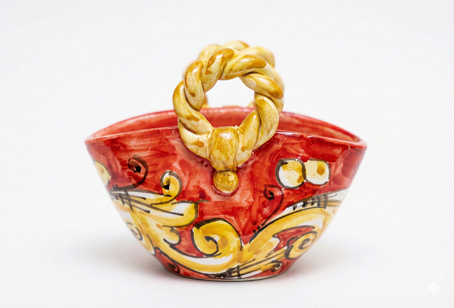 Sicilian basket in Sicilian ceramic from Caltagirone made and decorated by hand by the ceramists of Caltagirone h10cm red 