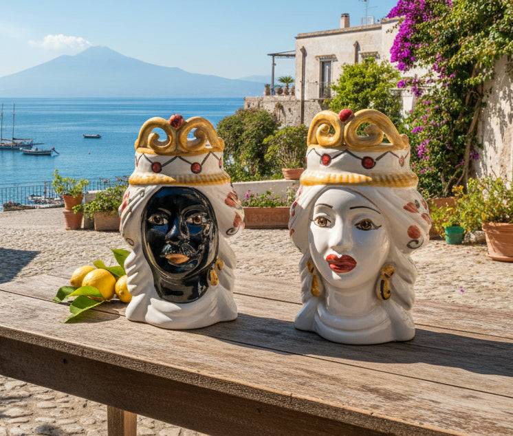 Pair of Sicilian ceramic Moor's heads from Caltagirone h15cm art. red 