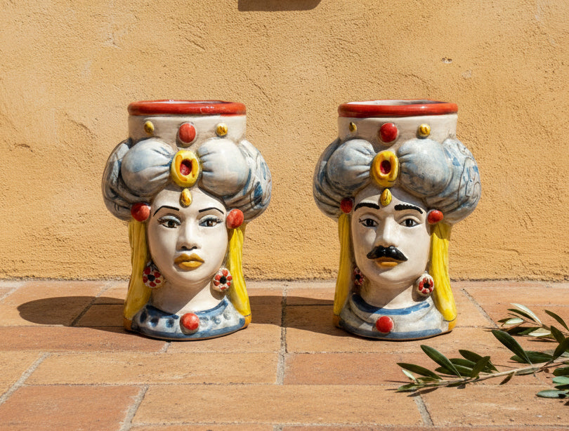 Coppia teste di moro in ceramica siciliana di Caltagirone H 15 cm art. rotondo rosso