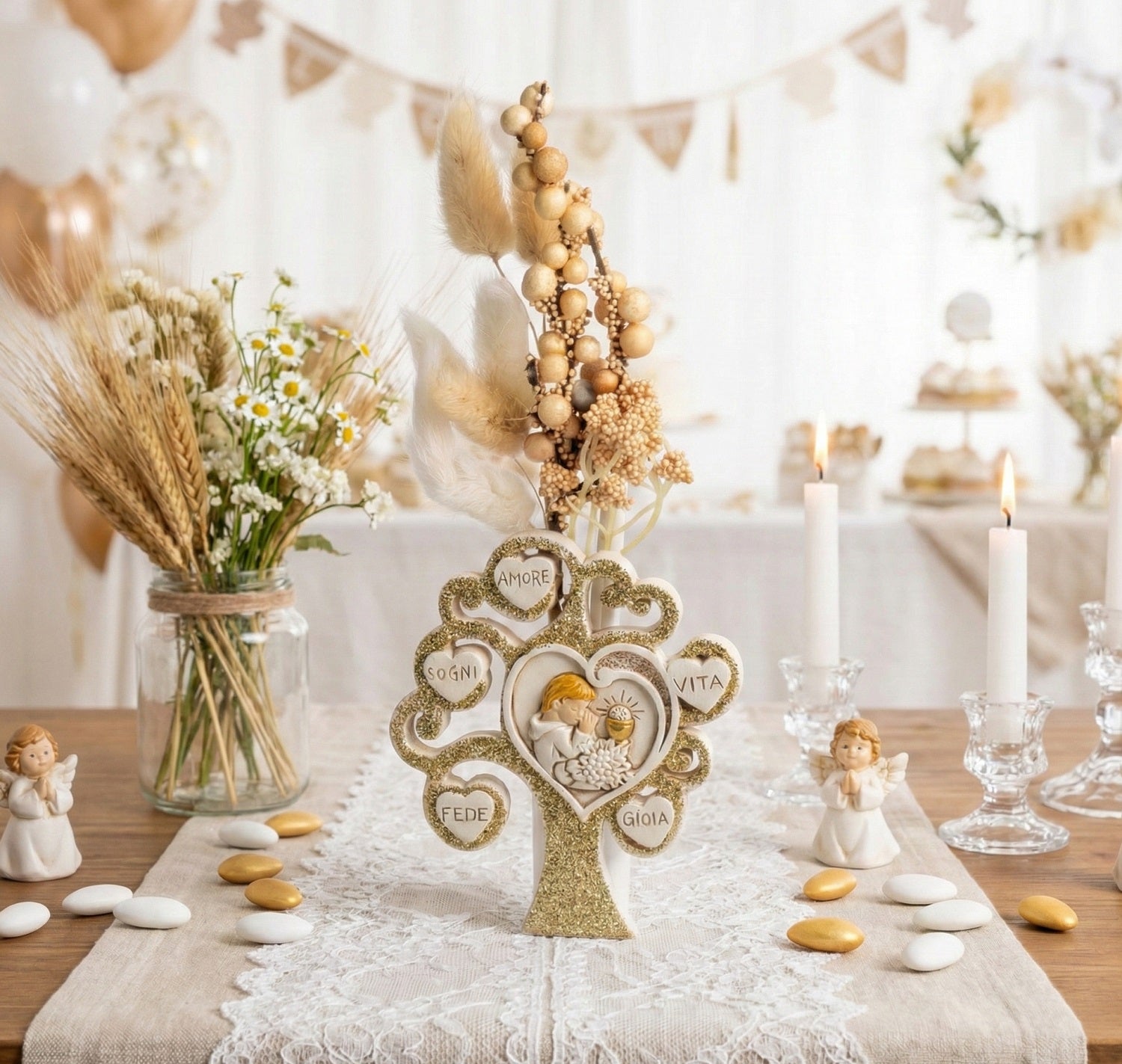 Profumatore albero della vita decorato con cuori e glitter oro per comunione bambino Harmony RSCM25039