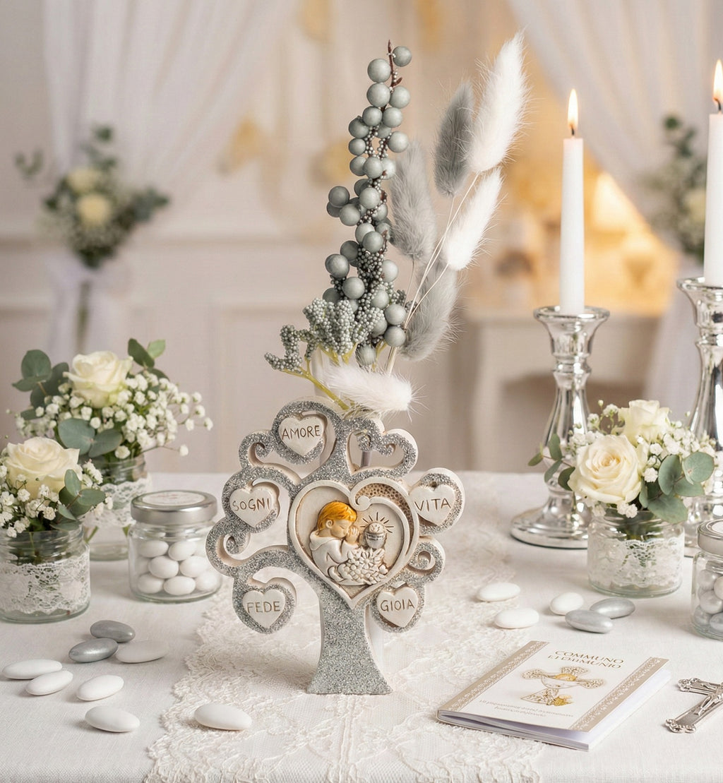 Profumatore albero della vita decorato con cuori e glitter argento per comunione bambino Harmony RSCM25043