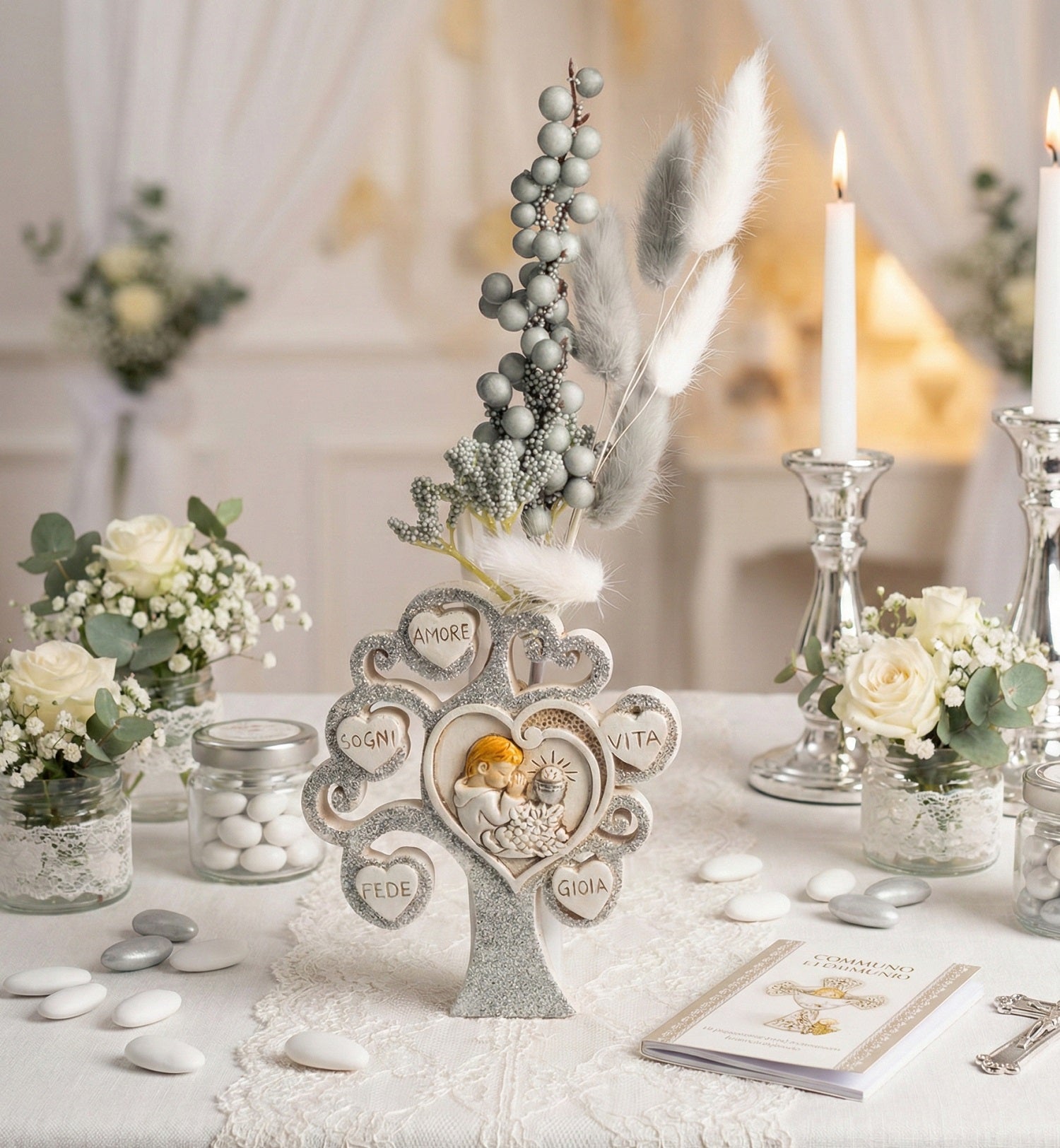 Profumatore albero della vita decorato con cuori e glitter argento per comunione bambino Harmony RSCM25043