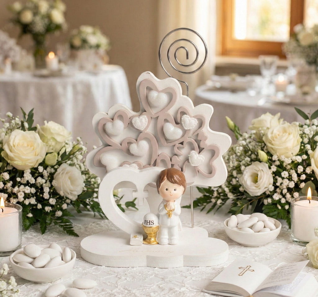 Albero della vita decorato con cuori tortora e bianco bomboniera comunione bambino Harmony RSCM25095